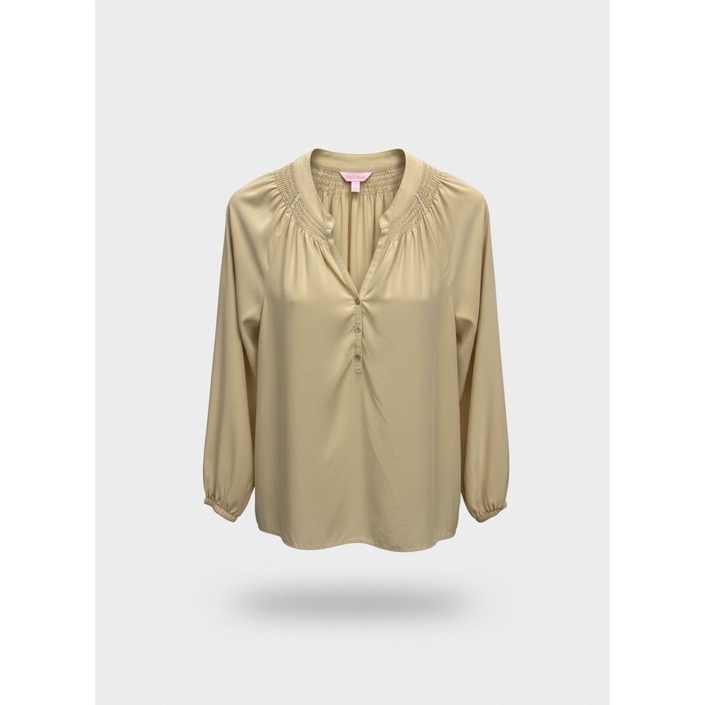 Lilly Pulitzer Elisa Size Small Tan Smocked Yoke Button-Front 100% Silk Blouse